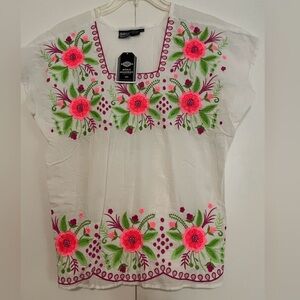 Amanda colecction White Blouse with Pink and Green Floral Embroidery
